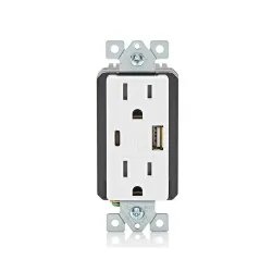 Tomacorriente doble 15 amperios 125 volteos 18 w con cargador tipo a/c y usb leviton