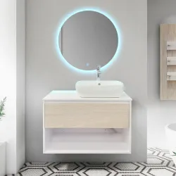 Mueble elevado con lavamanos blanco y espejo led tamaño 80x48x49.5