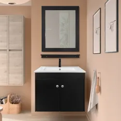 Mueble elevado negro con lavamanos blanco y espejo tamaño 61x47x50