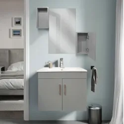Mueble elevado color gris con lavamanos blanco y organizadores (sin espejo) tamaño 61x47x50 minoa