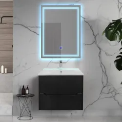Mueble elevado negro con lavamanos blanco y espejo led tamaño 61x46x50